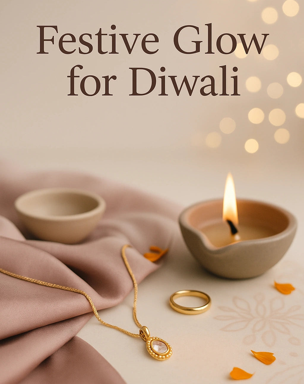 Festive Diwali scene with a lit candle, gold jewelry, and soft lighting.