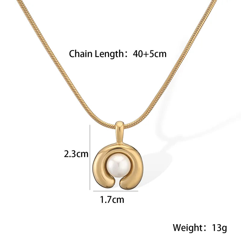 Gold necklace with a pearl pendant, showing chain length, dimensions, and weight on a white background.