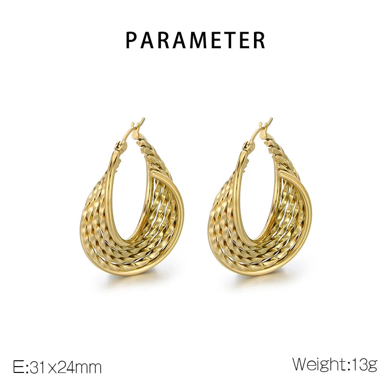 Gold hoop earrings on a white background with parameter text.