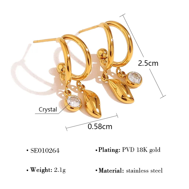Gold hoop earrings with crystal drops and measurements on a white background